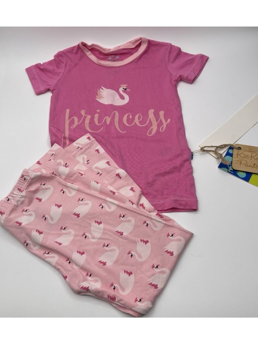 KicKee Pajamas Set Girls Size 4t Pink Princess Swans Shirt And Pants Bamboo